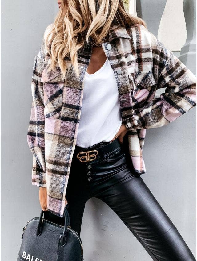 WOOLEN SHIRT LONG - SLEEVED PLAID COAT - 7 Semicolon Couture